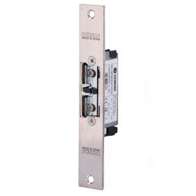 Fecho elétrico metálico prateado da marca DORCAS com inscrição MADE IN SPAIN