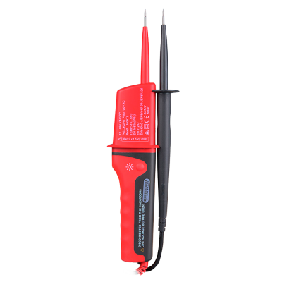 Multímetro digital portátil vermelho e preto com sondas