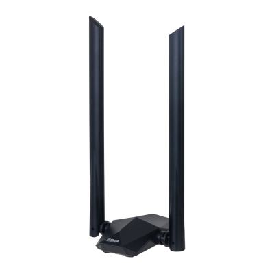 Adaptador wireless preto com duas antenas verticais