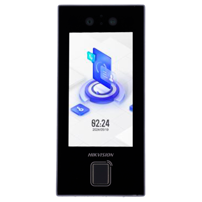 Dispositivo de controlo de acesso HIKVISION preto com ecrã colorido e botão