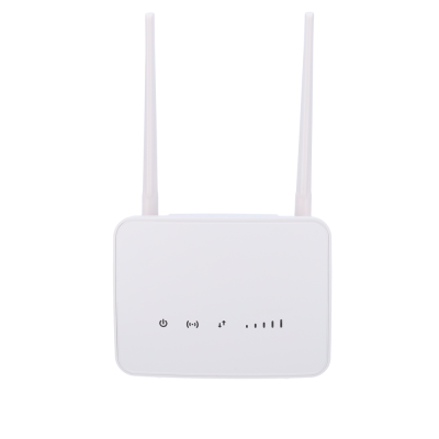 Roteador Wi-Fi branco com duas antenas e indicadores LED na frente