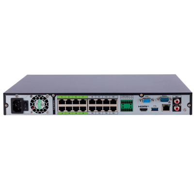 Dispositivo eletrónico cinzento com múltiplas portas de rede PoE, VGA, HDMI, USB e entradas de áudio