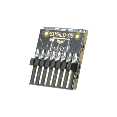 Módulo eletrónico preto com pinos metálicos e texto 'SIMHLD-05'