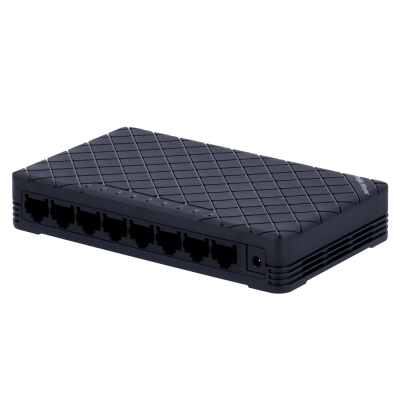 Comutador de rede preto com 8 portas RJ45 e textura em losangos