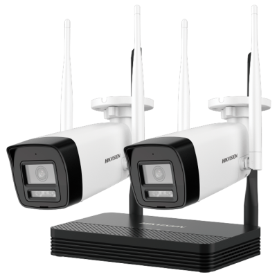 Câmaras de vigilância HIKVISION brancas e pretas com antenas em base preta