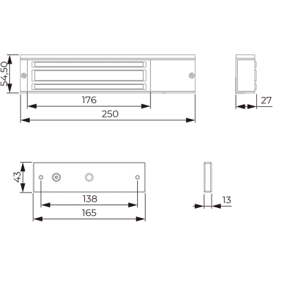 Diagrama técnico com dimensões de um dispositivo retangular