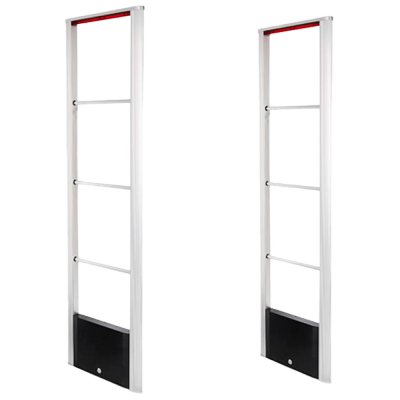 Portais antivoltas metálicos com barras horizontais e base preta