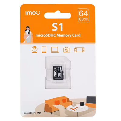 Cartão microSDHC IMOU S1 32GB em embalagem colorida com sala de estar ilustrada