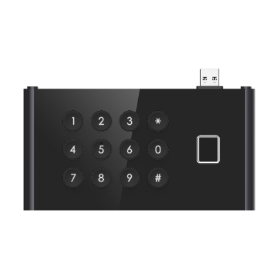 Dispositivo preto com teclado numérico, leitor biométrico e porta USB