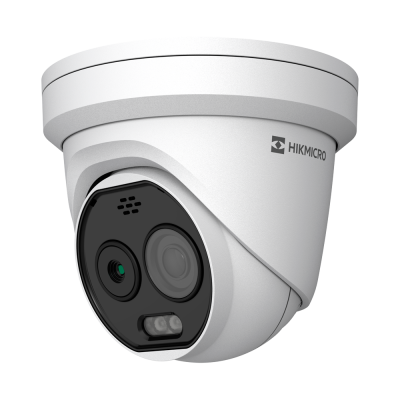 Câmara de vigilância branca e preta da marca HIKMICRO com lente dupla