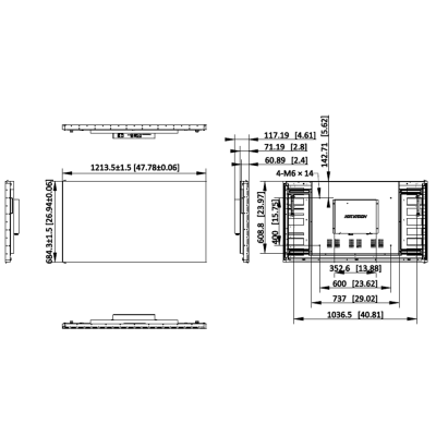 Diagrama técnico de monitor plano com dimensões e detalhes de montagem