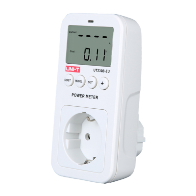 Medidor de consumo elétrico branco com ecrã digital e botões