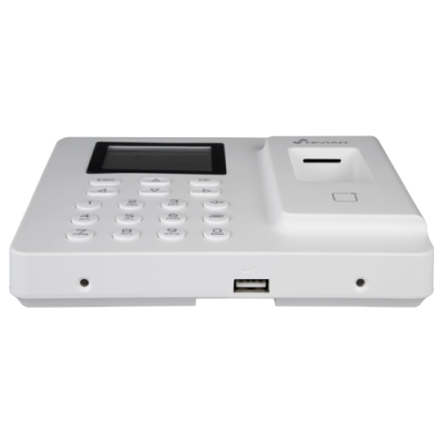 Dispositivo electrónico branco com teclado numérico, visor LCD e leitor de cartão