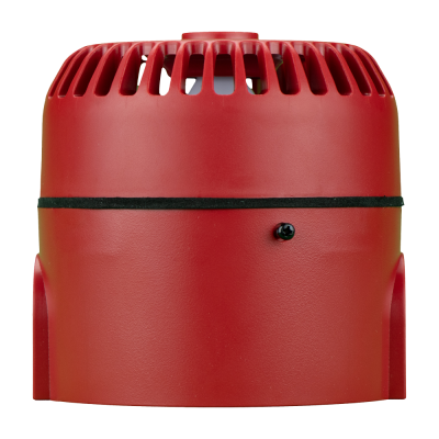 Dispositivo vermelho redondo com aberturas arredondadas no topo e parafuso frontal