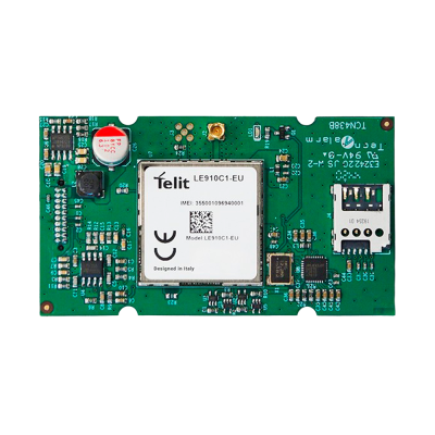 Placa eletrónica verde com módulo branco Telit LE910C1-EU e vários componentes eletrónicos