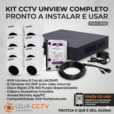 Kit CCTV UNVIEW completo com oito câmaras, disco rígido WD Purple de 2TB, dispositivo NVR, cabos e transformador