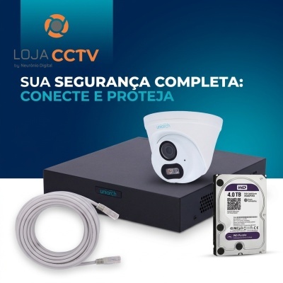 Conjunto de vigilância completo com câmara branca, gravador preto, cabo de rede e disco rígido WD 4TB