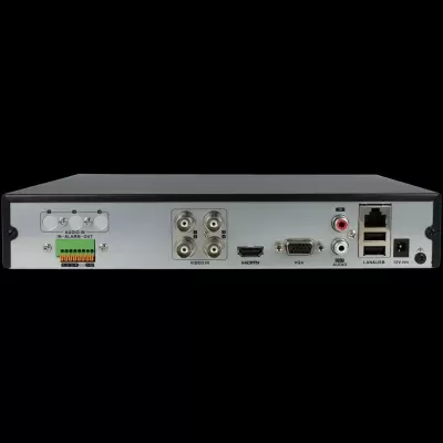 Parte traseira de equipamento eletrônico com várias portas de conexão, incluindo BNC, HDMI, VGA, RCA e Ethernet.