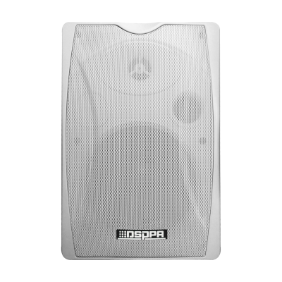 Coluna de som branca com grelha metálica perfurada e logotipo DSPPA