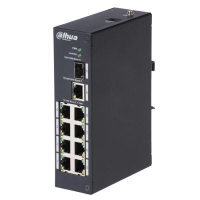 Switch de rede preto Dahua com múltiplas portas Ethernet e indicadores LED