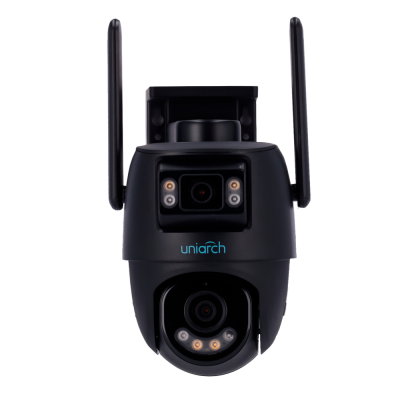 Câmara de vigilância preta com duas antenas e duas lentes