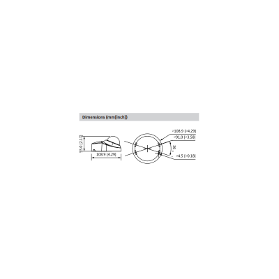 Esquema técnico com dimensões em mm e polegadas de dispositivo circular