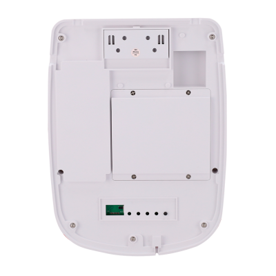 Parte traseira de dispositivo eletrônico branco com compartimento e conexões