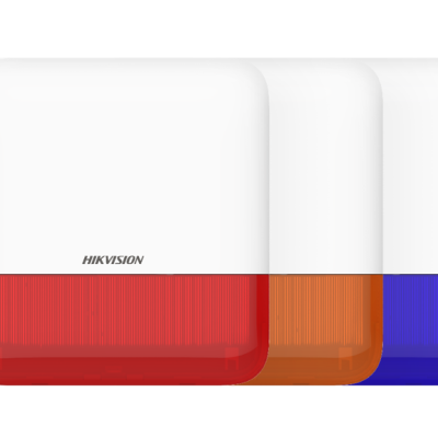 Dispositivos eletrónicos quadrados brancos com bases coloridas vermelho, laranja e azul e texto HIKVISION.