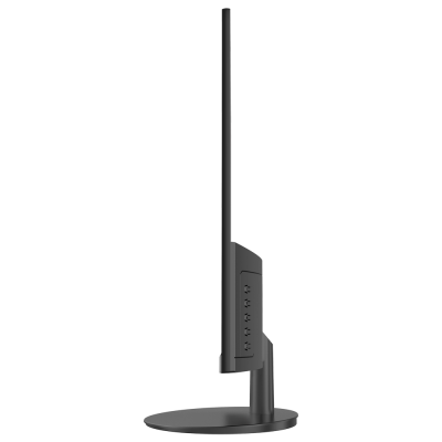 Monitor de computador preto com suporte ajustável e base oval, perfil muito fino