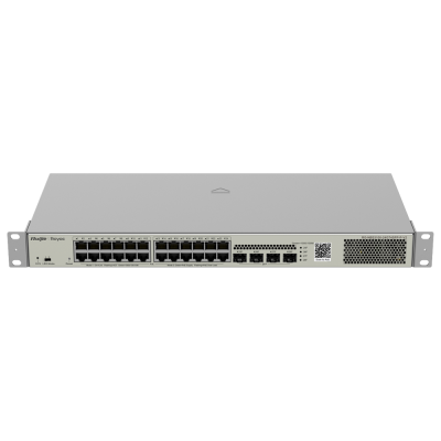 Switch de rede cinzento com várias portas Ethernet e SFP