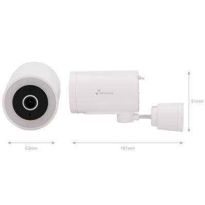 Câmara de segurança branca NIVIAN vista de frente e lado com medidas