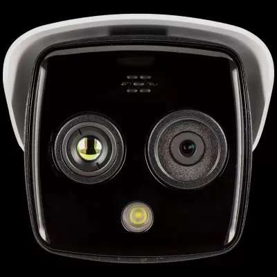 Câmera de vigilância preta com duas lentes e um LED