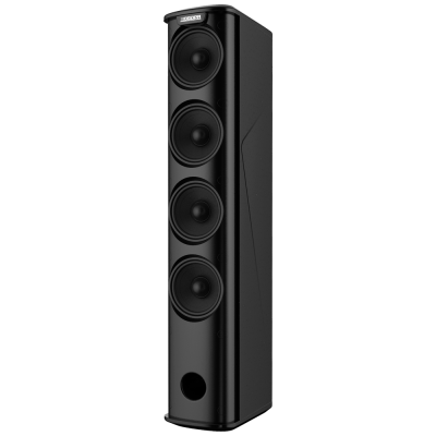 Coluna acústica preta alta com quatro altifalantes frontais e logótipo DSPPA