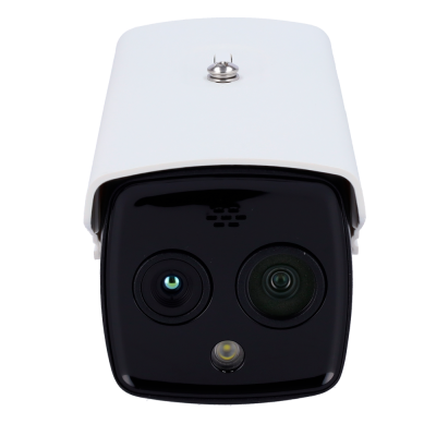 Câmara de segurança branca com lentes pretas e luz LED