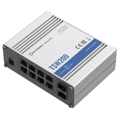 Comutador de rede metálico Teltonika TSW200 com múltiplas portas Ethernet