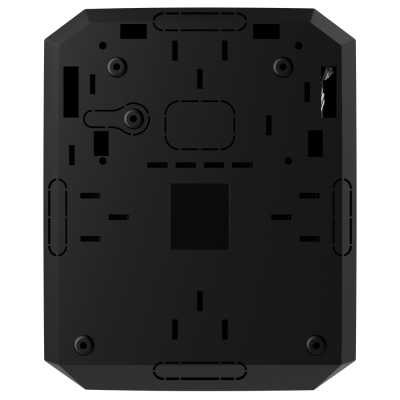 Base quadrada preta de plástico com furos e relevos para fixação