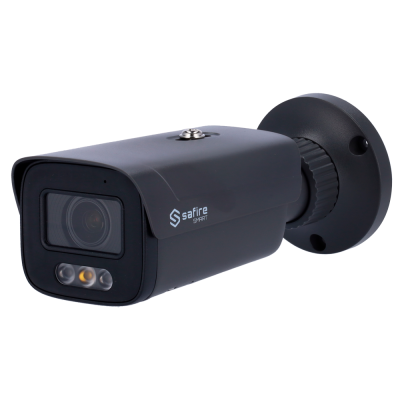 Câmara de segurança preta com lente e LEDs, texto safire SMART na lateral, montada numa base circular preta.