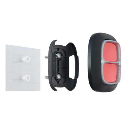 Componentes para montagem em parede com suporte branco, preto e botões vermelhos