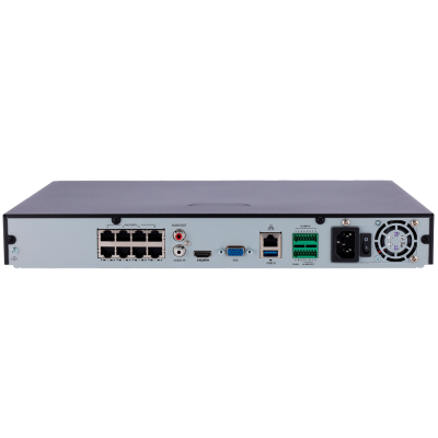 Parte traseira de dispositivo eletrónico com portas Ethernet, HDMI, VGA, USB 3.0, áudio, alarme e ventoinha