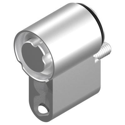 Dispositivo metálico prateado cilíndrico com parafuso e base retangular