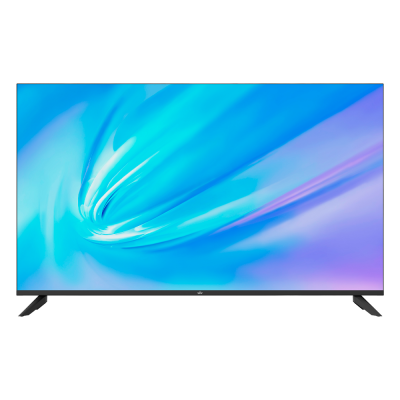Televisor grande com ecrã azul e roxo e suportes pretos.