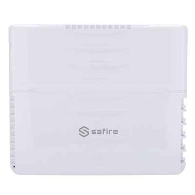 Dispositivo eletrónico branco com logótipo safire cinzento