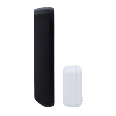 Dois dispositivos eletrónicos de perfil, um preto e outro branco, lado a lado