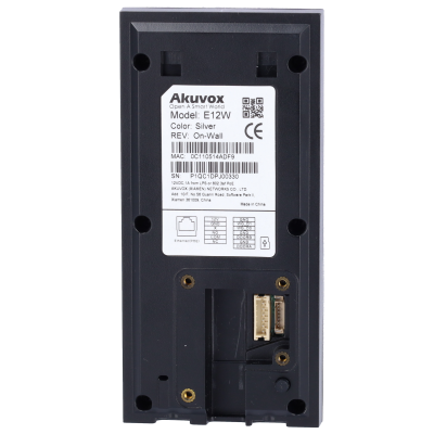 Parte traseira de dispositivo Akuvox E12W preto com etiquetas e conectores