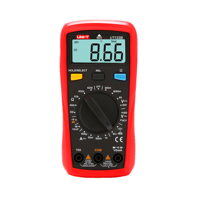 Voltímetro digital UNI-T UT133B com ecrã LCD e seletor rotativo.