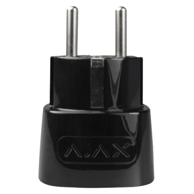 Adaptador de tomada elétrica preto com dois pinos redondos e texto AJAX