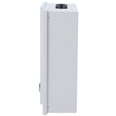 Equipamento elétrico branco visto de lado com uma bobina preta no topo.