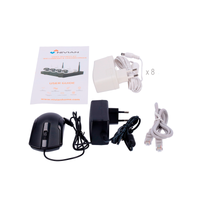 Kit de segurança de vídeo com adaptadores, rato e cabo de rede