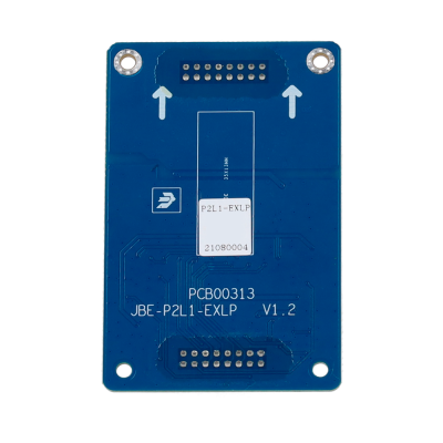 Placa eletrónica azul com conectores e texto impresso