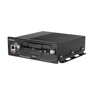 Aparelho HIKVISION preto com conexões USB e Ethernet e alça no painel frontal